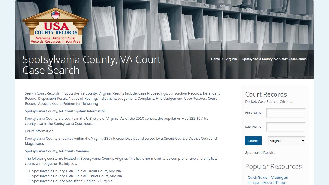 Spotsylvania County, VA Court Case Search | Name Search